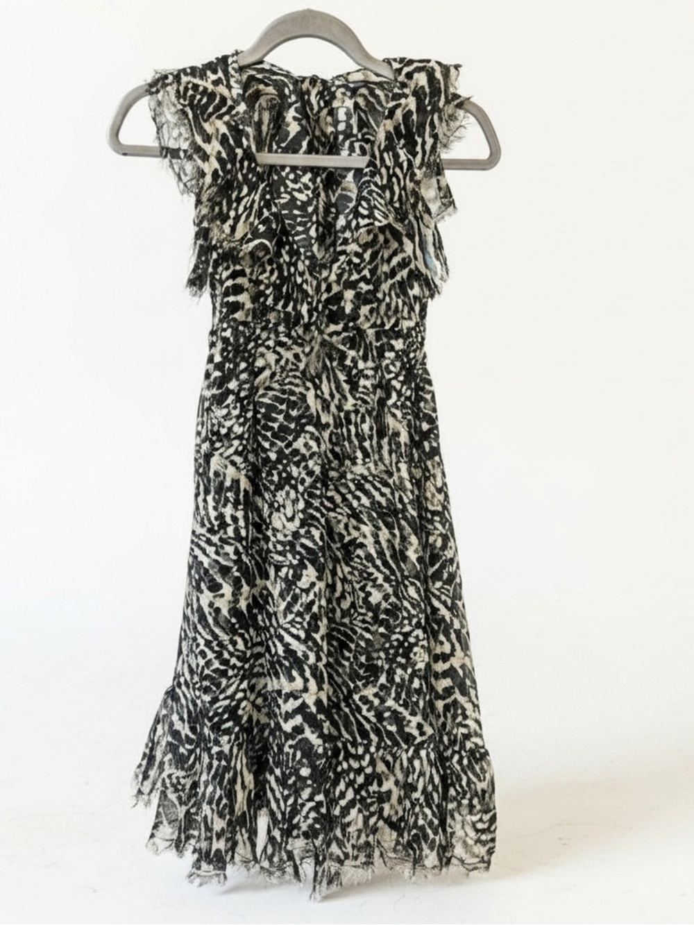 LAgence Printed Ruffle Mini Dress S Black Grey Silk Look Cocktail Party LBD EUC